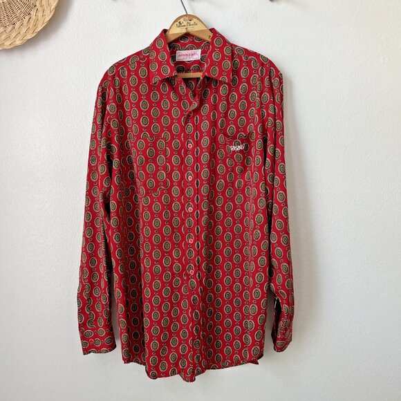 Hand tailored button shirt Hong Kong red paisley monogram hipster pimp retro 60s - Picture 1 of 6